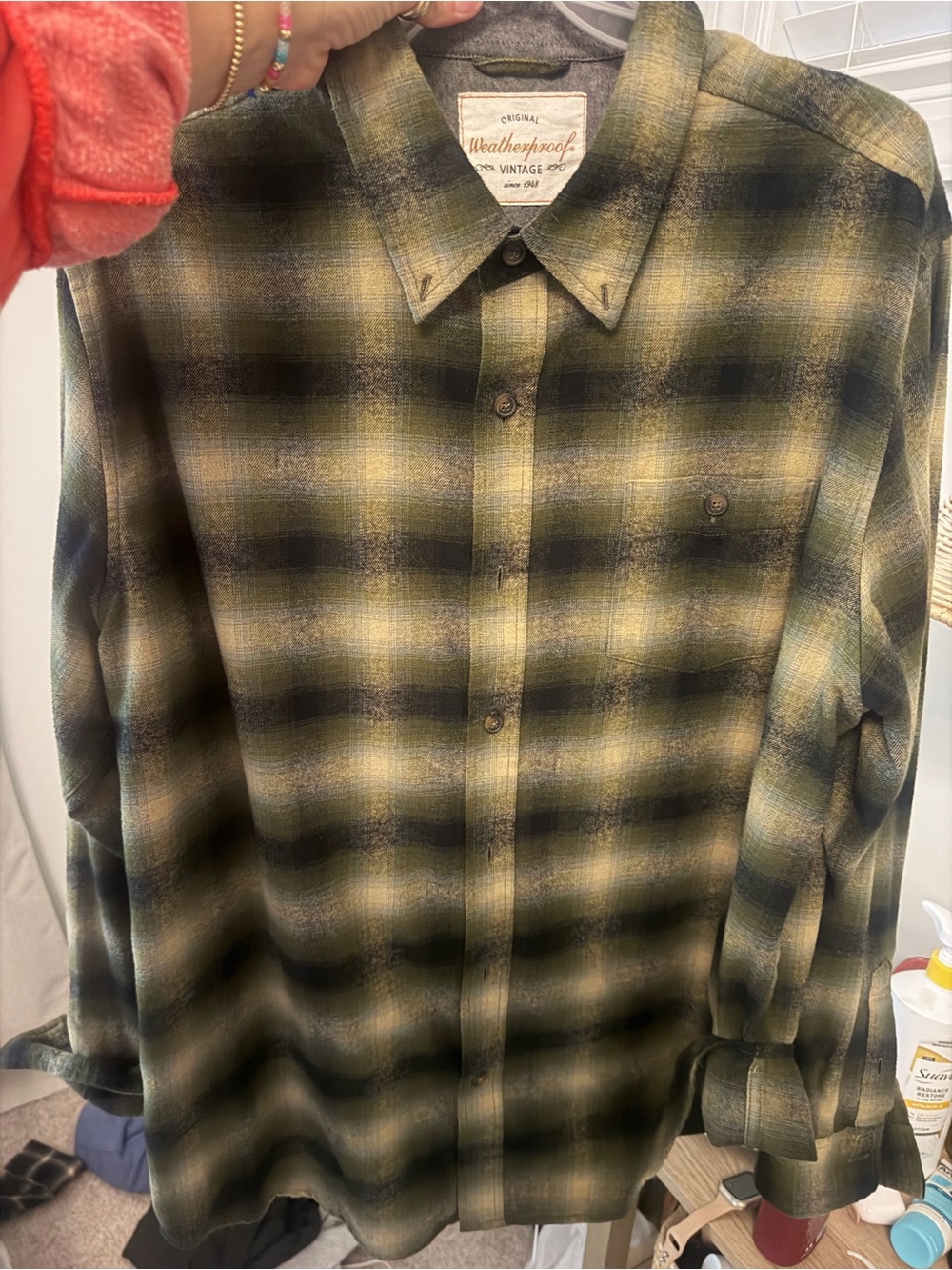 Weatherproofe Men’s Green Plaid Button-Up Shirt